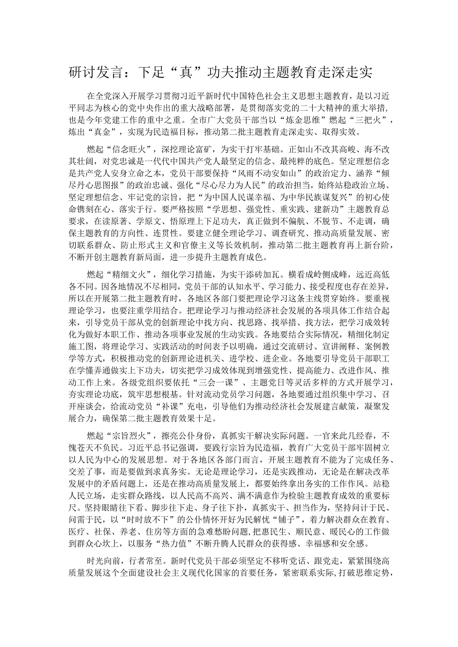 研讨发言：下足“真”功夫 推动主题教育走深走实.docx_第1页