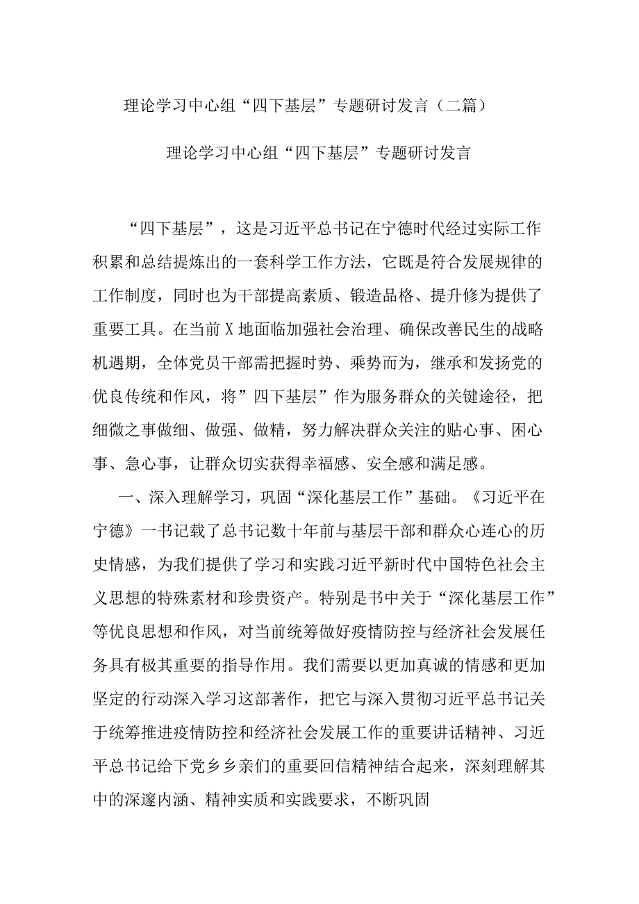 理论学习中心组“四下基层”专题研讨发言(二篇).docx_第1页