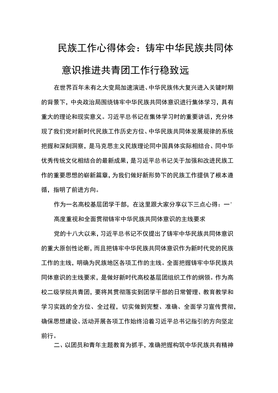 民族工作心得体会：铸牢中华民族共同体意识 推进共青团工作行稳致远.docx_第1页