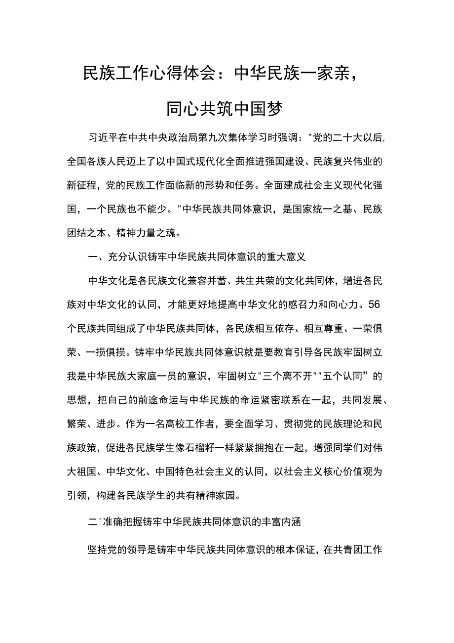 民族工作心得体会：中华民族一家亲同心共筑中国梦.docx_第1页