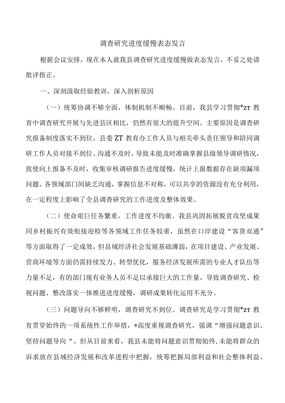 调查研究进度缓慢表态发言.docx_第1页