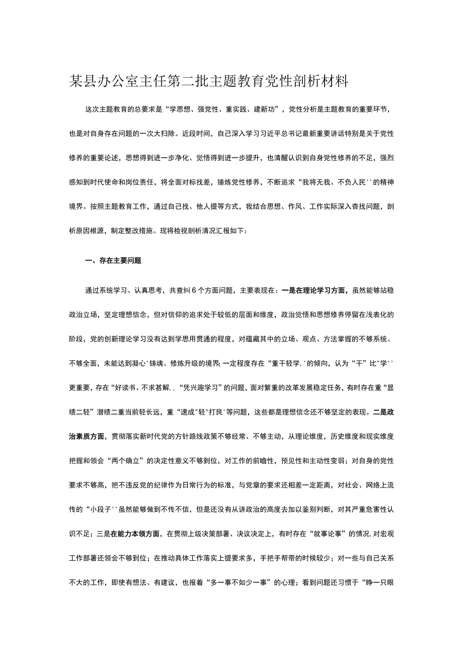 某县办公室主任第二批主题教育党性剖析材料.docx_第1页