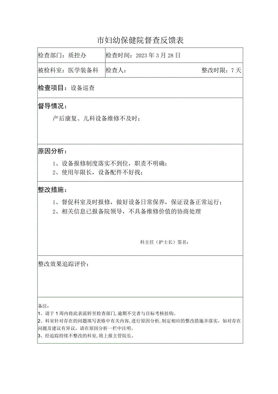 妇幼保健院督查反馈表及案例分析.docx_第1页