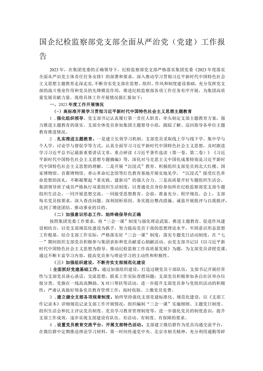 国企纪检监察部党支部全面从严治党（党建）工作报告.docx_第1页