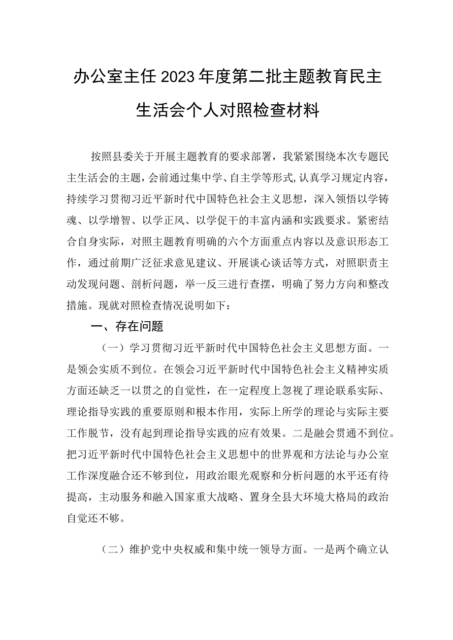 办公室主任2023年度第二批主题教育民主生活会个人对照检查材料.docx_第1页