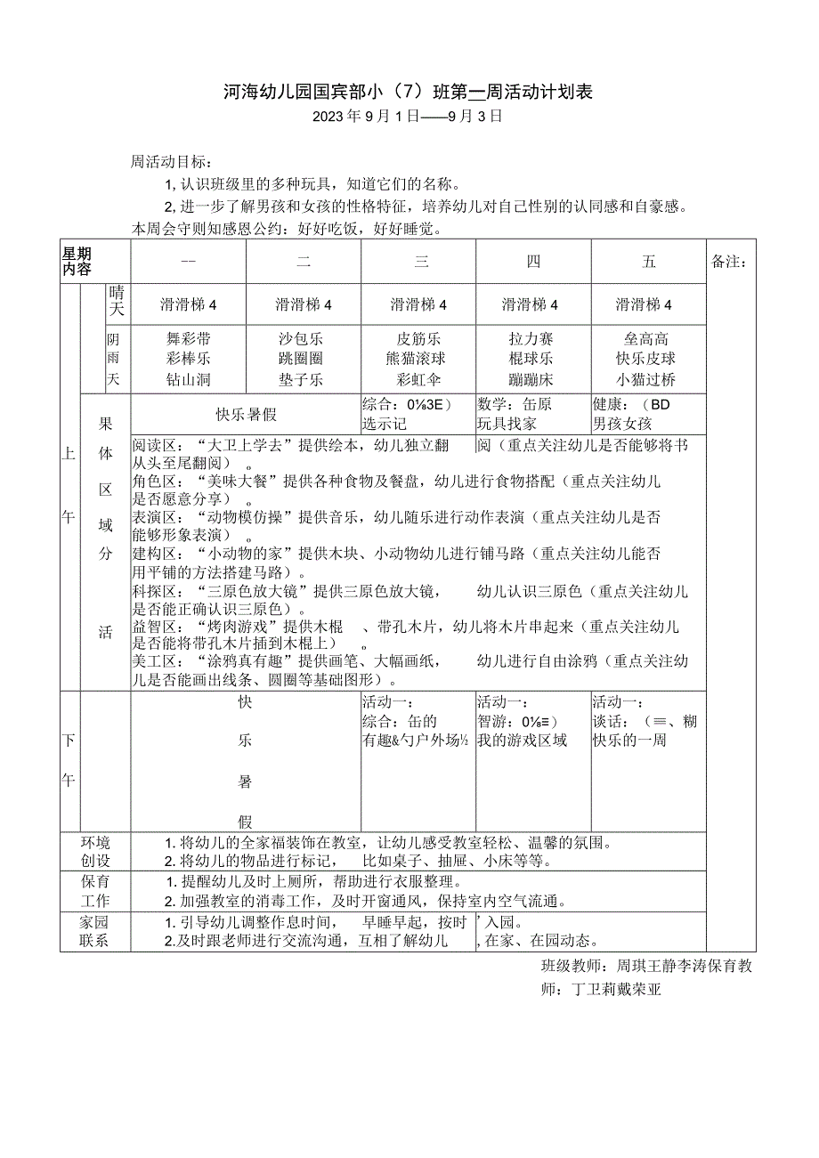 河海幼儿园国宾部小7班第一周活动计划表.docx_第1页