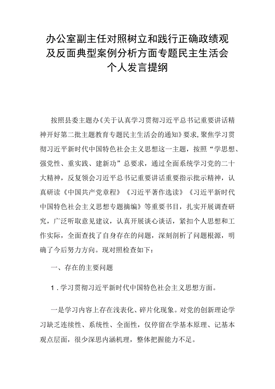 办公室副主任对照树立和践行正确政绩观及反面典型案例分析方面专题民主生活会个人发言提纲.docx_第1页