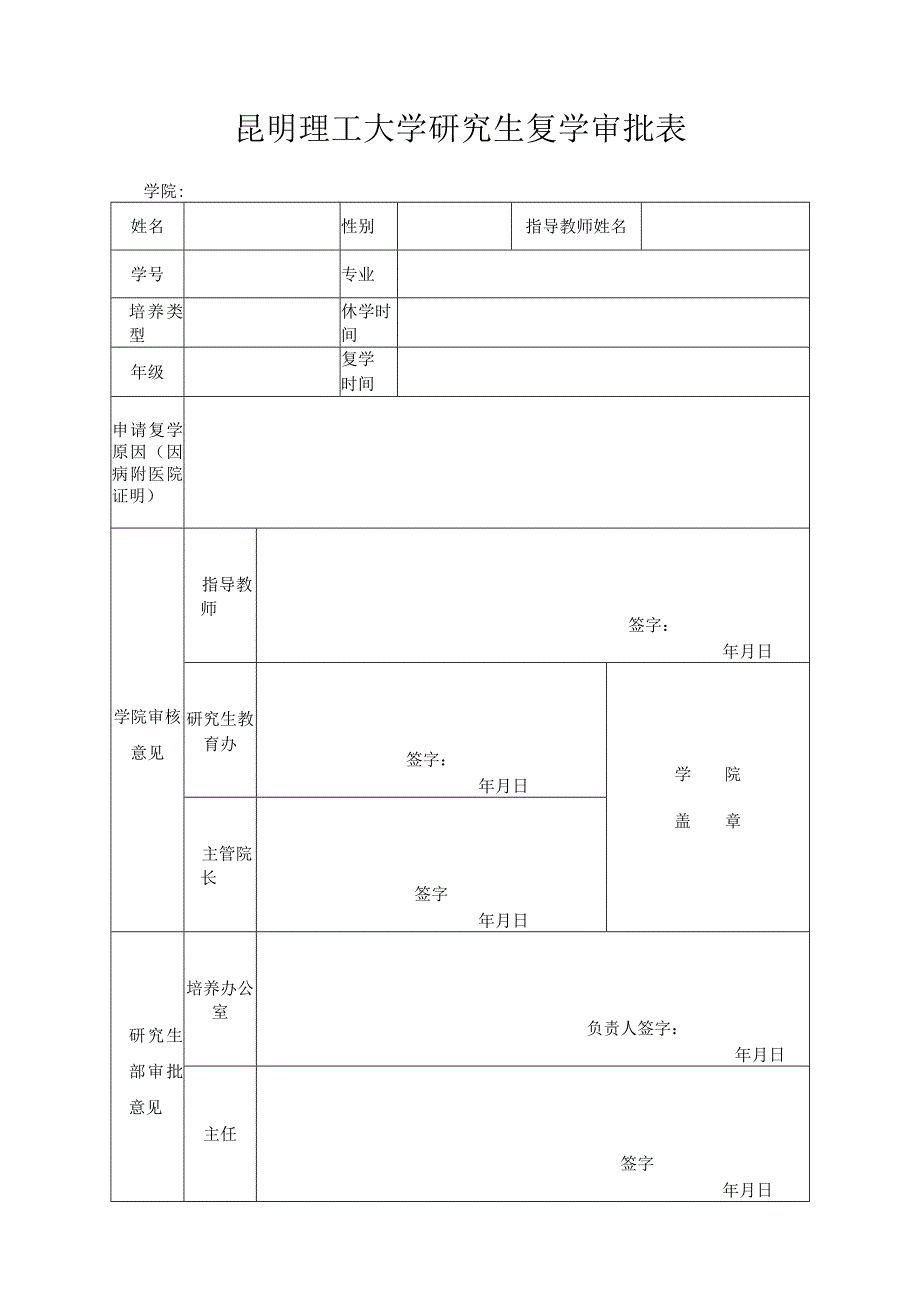 昆明理工大学研究生复学审批表.docx_第1页