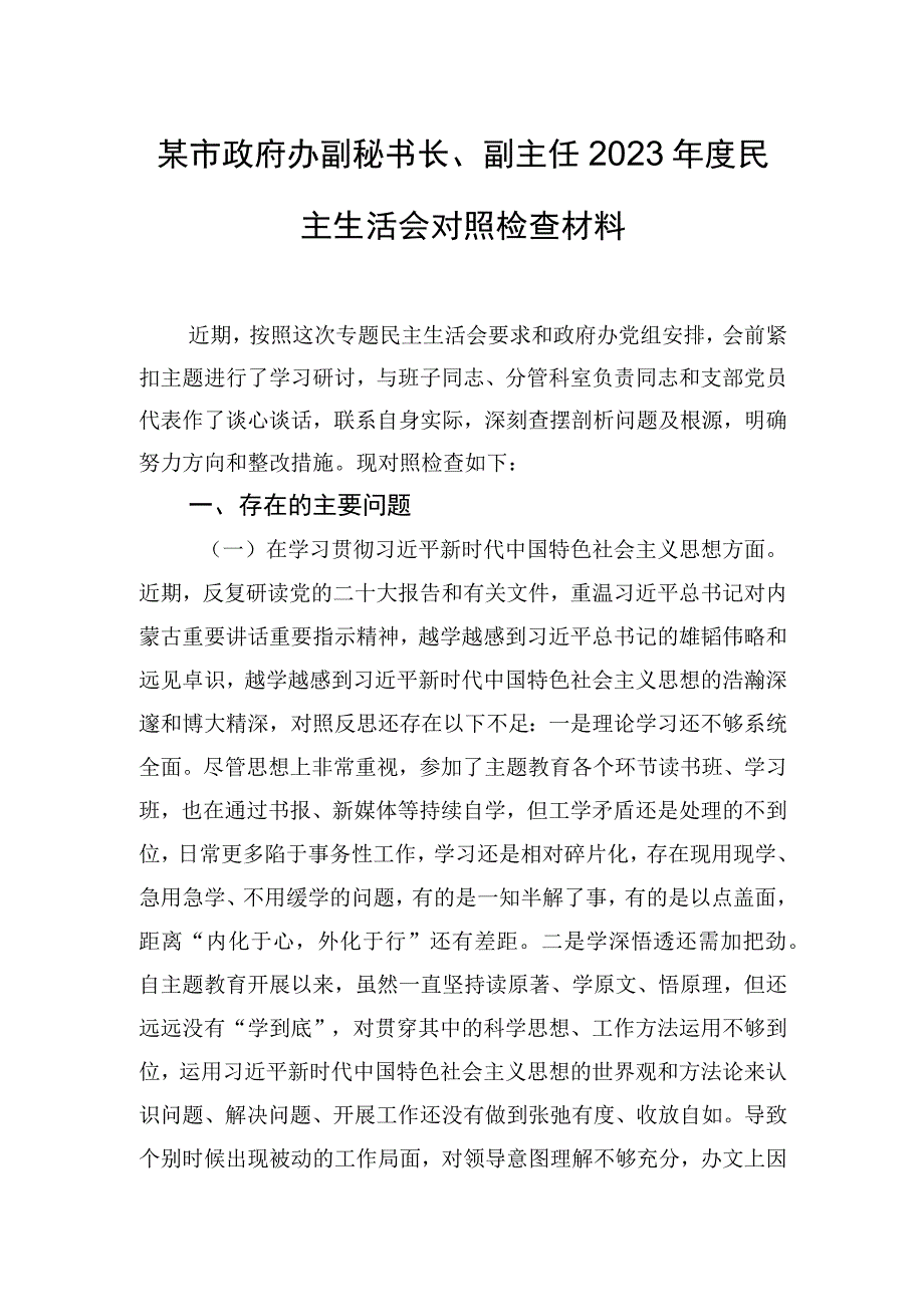 某市政府办副秘书长、副主任2023年度民主生活会对照检查材料.docx_第1页