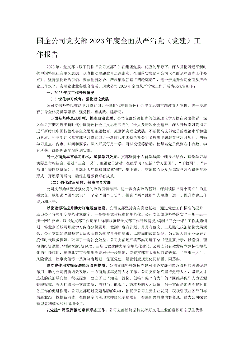 国企公司党支部2023年度全面从严治党（党建）工作报告.docx_第1页