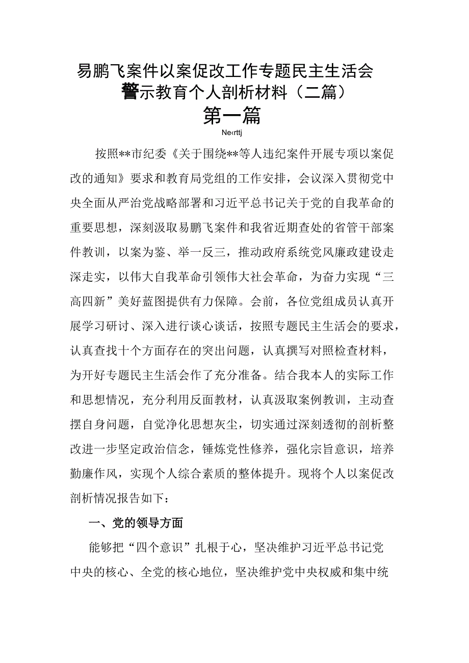 易鹏飞案件以案促改工作专题民主生活会警示教育个人剖析材料(二篇).docx_第1页