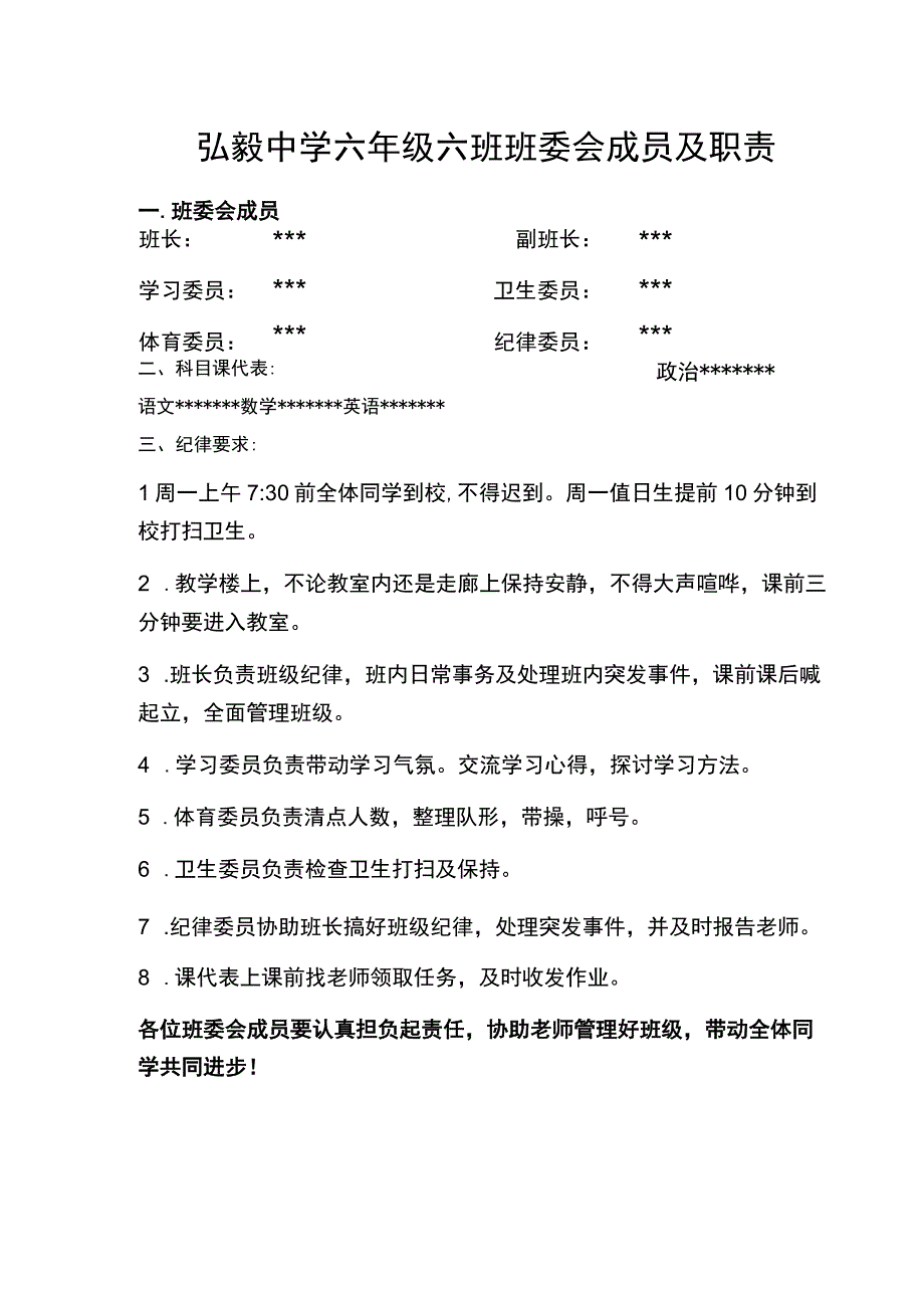 弘毅中学六年级六班班委会成员及职责.docx_第1页