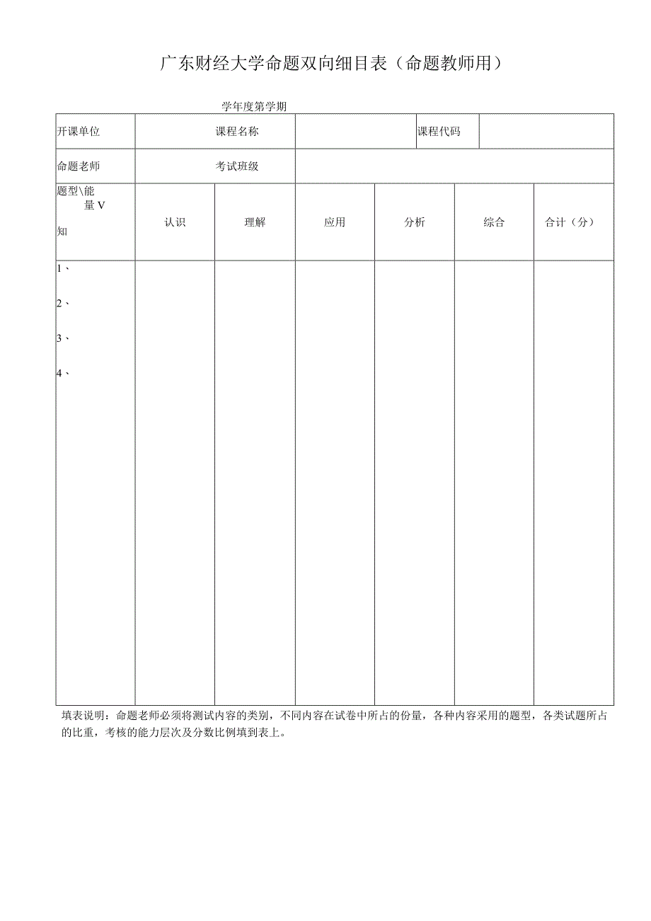 广东财经大学命题双向细目表命题教师用.docx_第1页