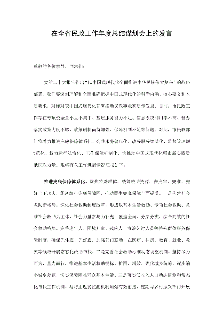 在全省民政工作年度总结谋划会上的发言.docx_第1页