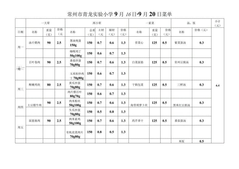 常州市青龙实验小学9月16日-9月20日菜单.docx_第1页