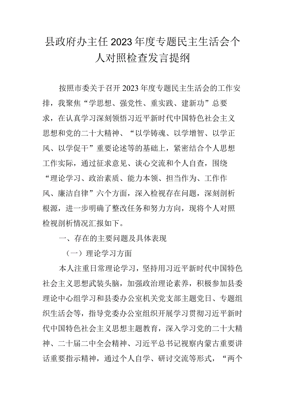 县政府办主任2023年度专题民主生活会个人对照检查发言提纲.docx_第1页