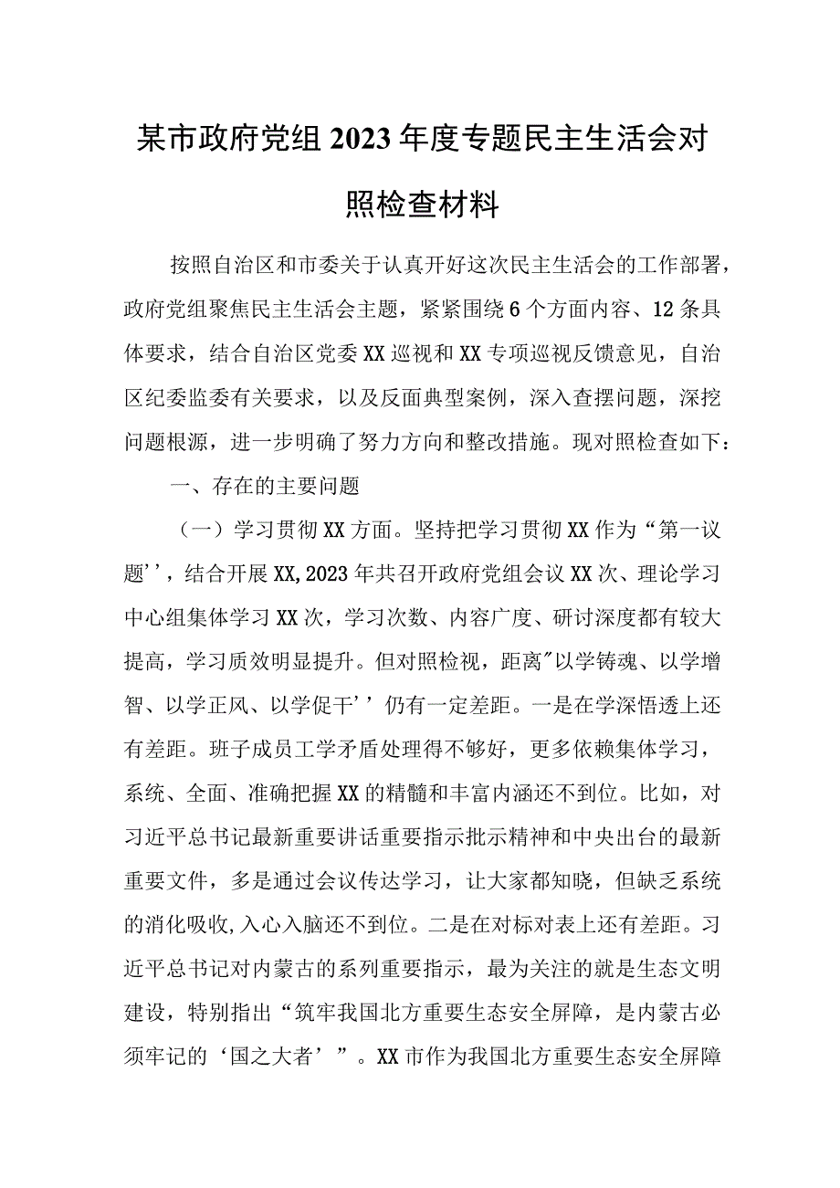 某市政府党组2023年度专题民主生活会对照检查材料.docx_第1页