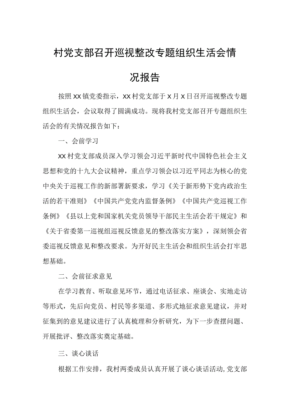 村党支部召开巡视整改专题组织生活会情况报告.docx_第1页