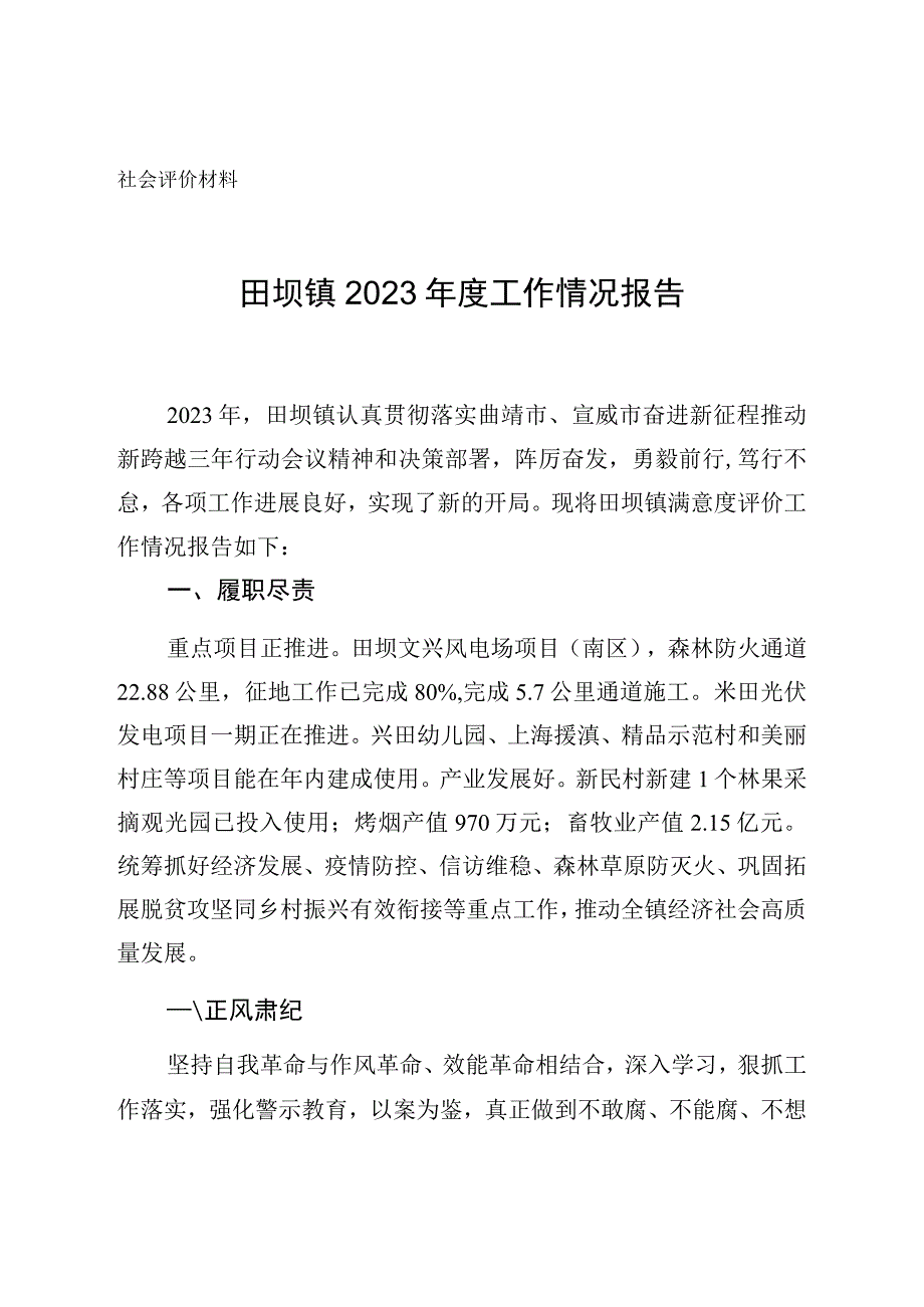 社会评价材料田坝镇2022年度工作情况报告.docx_第1页