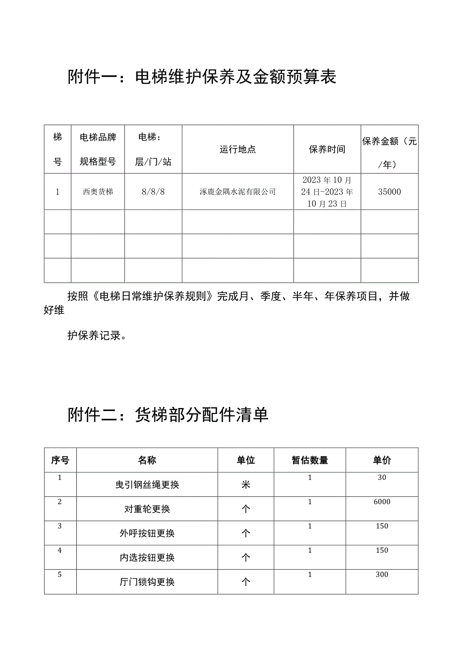 电梯维护保养及金额预算表.docx_第1页