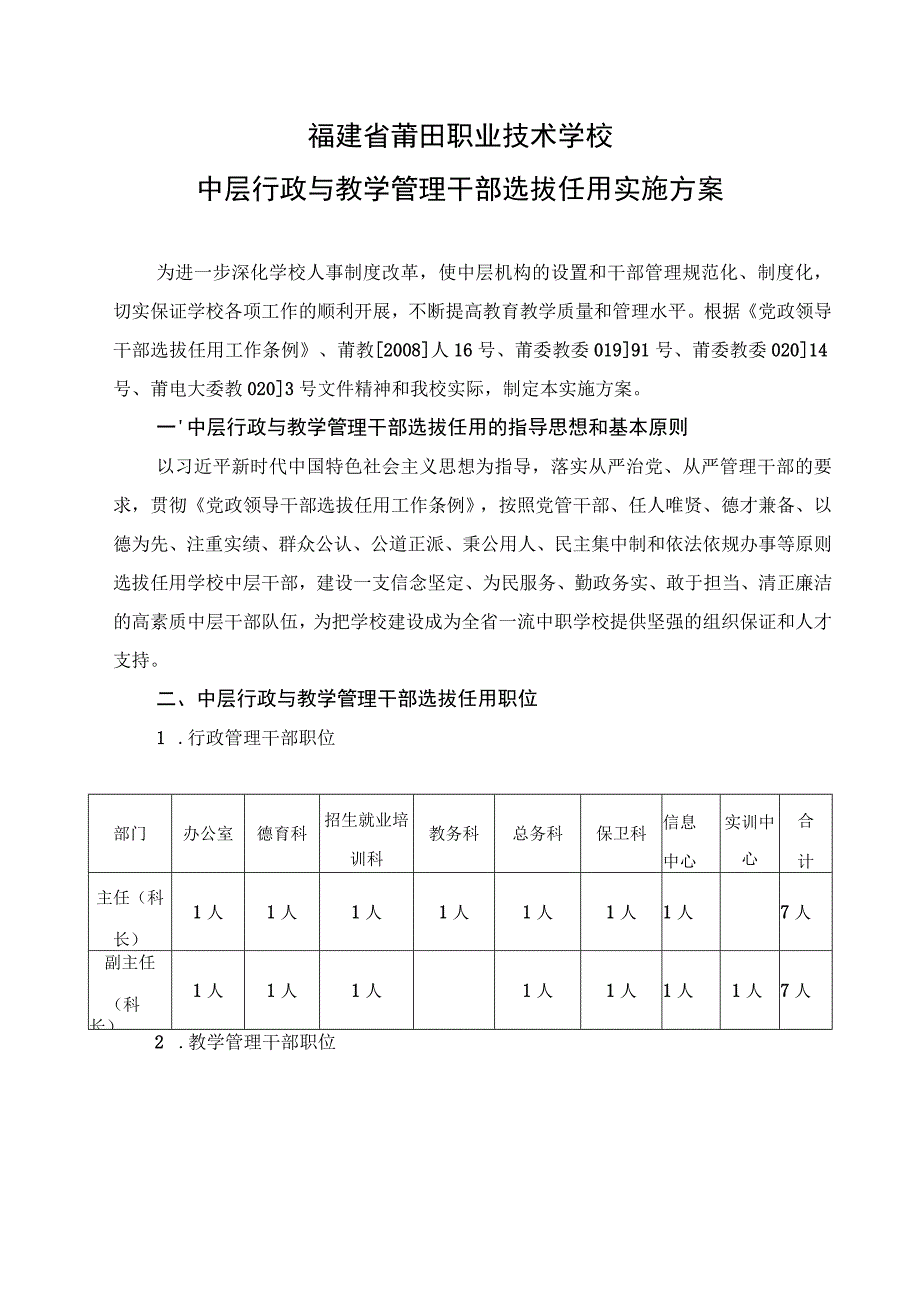 福建省莆田职业技术学校中层行政与教学管理干部选拔任用实施方案.docx_第1页