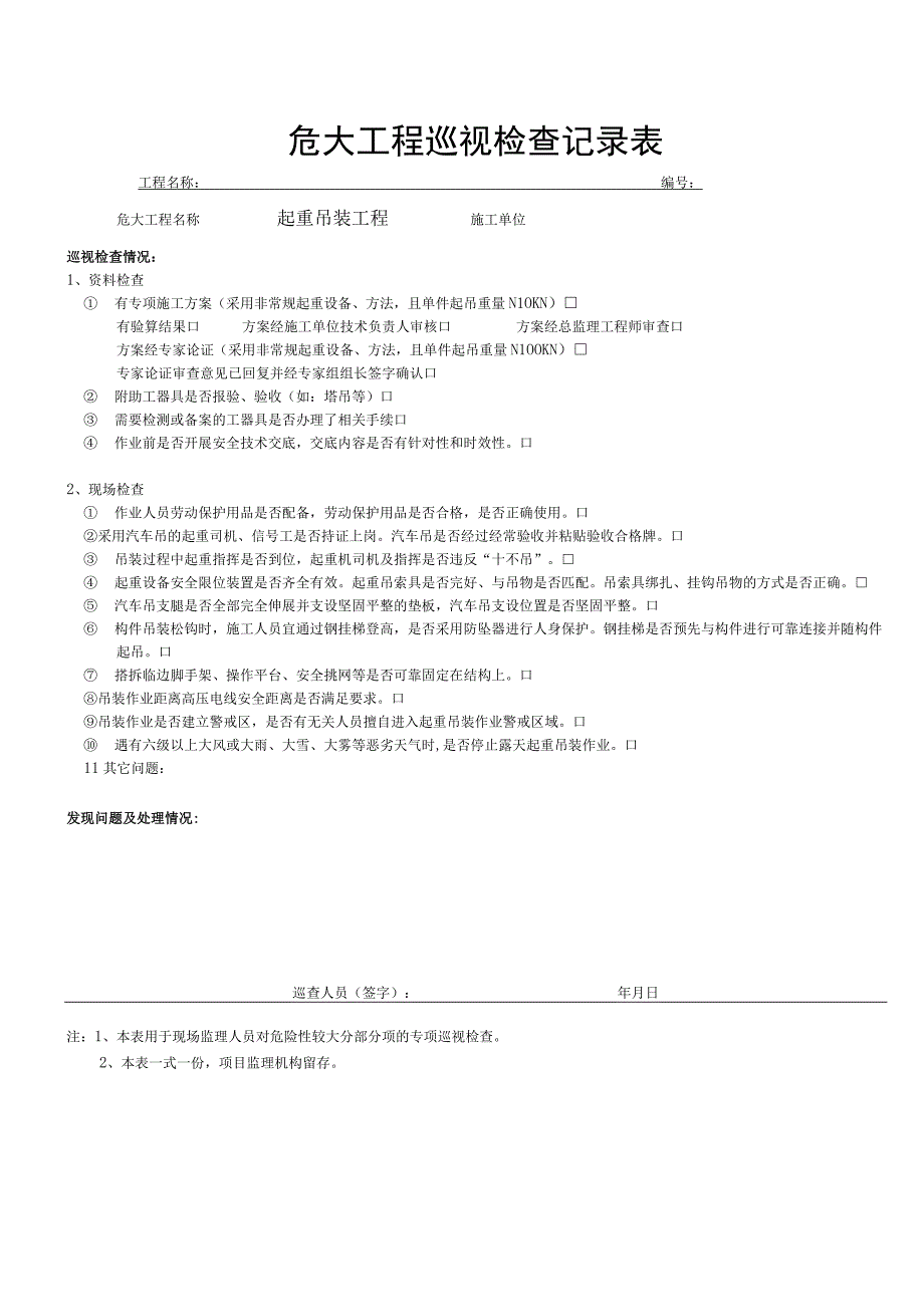 起重吊装工程（危大巡视检查记录表）.docx_第1页