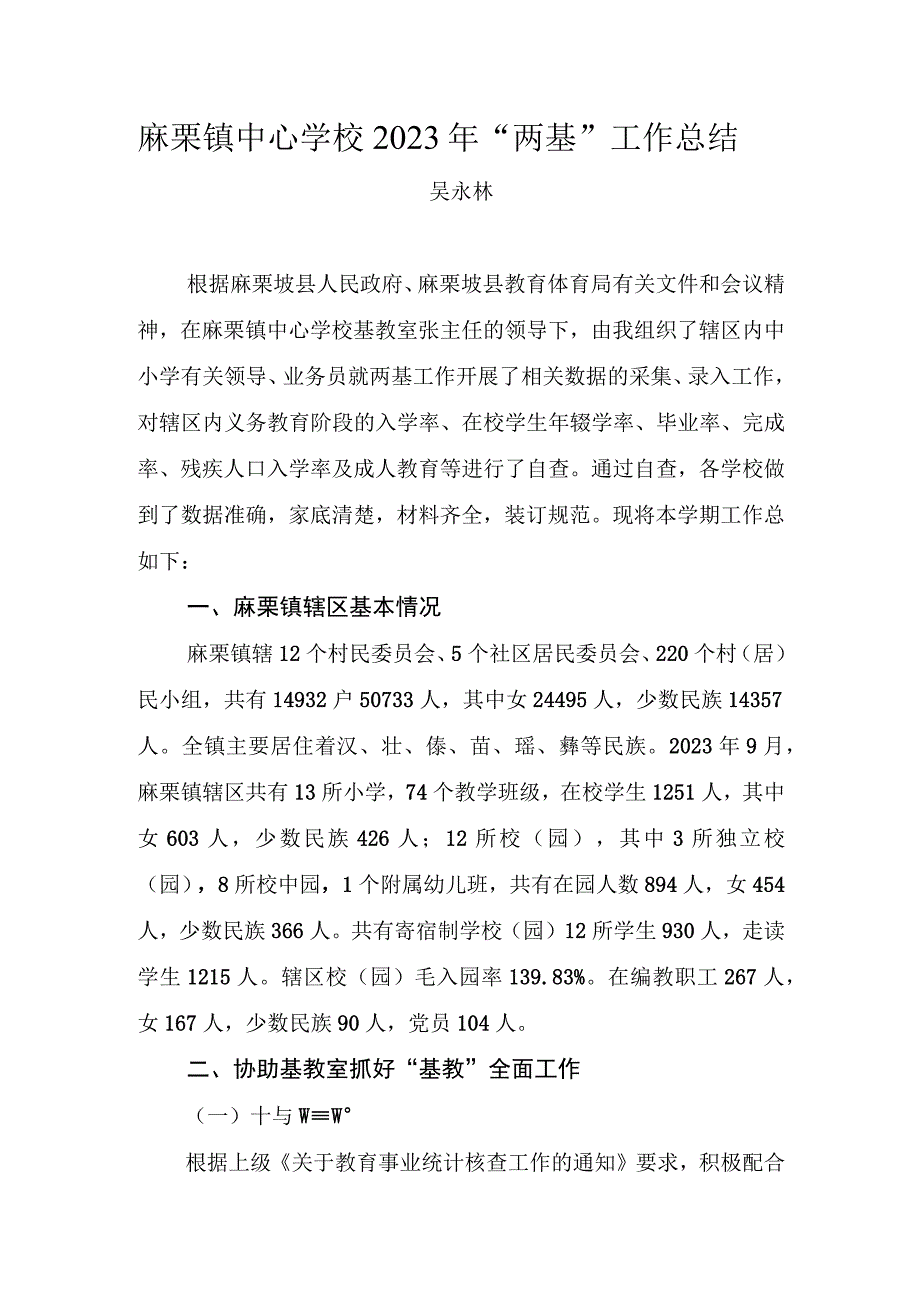 麻栗镇中心学校2023年两基工作总结.docx_第1页