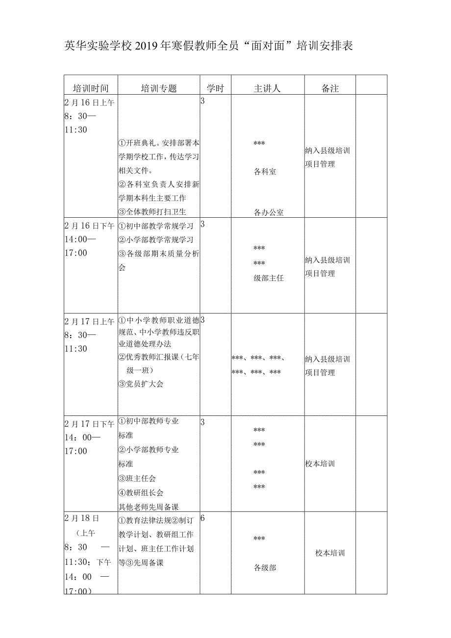 英华实验学校2019年寒假教师全员“面对面”培训安排表.docx_第1页