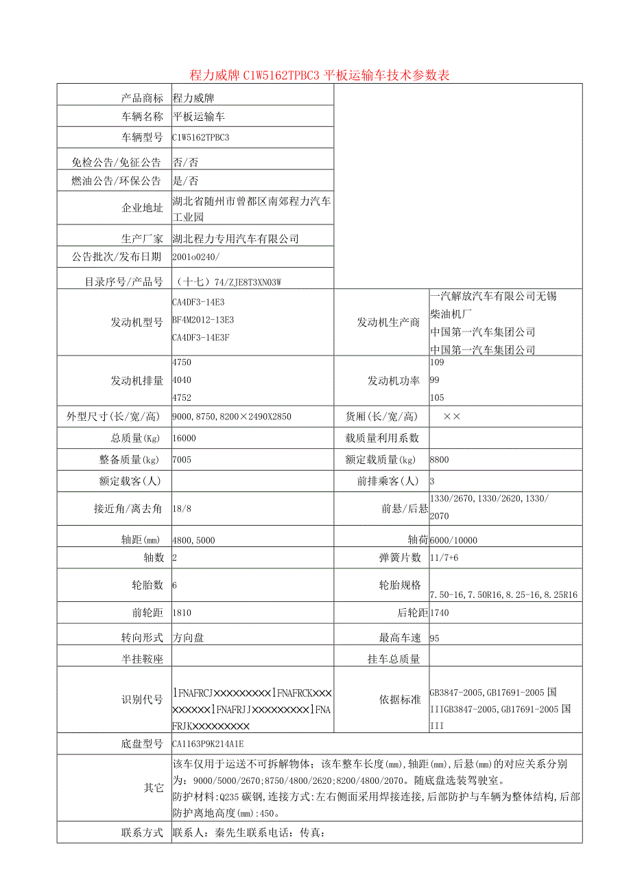 程力威牌CLW5162TPBC3平板运输车技术参数表.docx_第1页