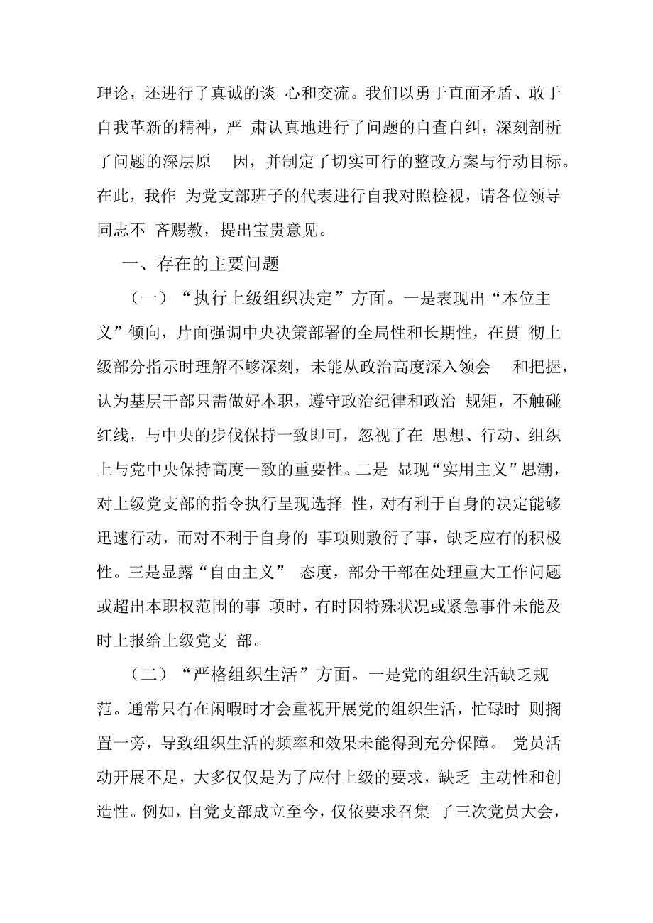 2024年党支部班子“执行上级组织决定、严格组织生活、加强党员教育管理监督、抓好自身建设”等六个方面存在的原因整改材料范文2篇【供参考】.docx_第2页