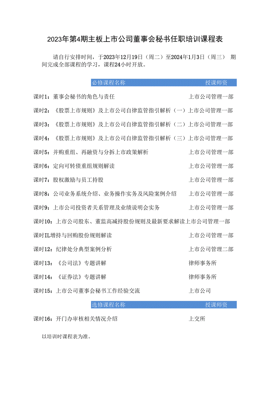 2023年第4期主板上市公司董事会秘书任职培训课程表.docx_第1页