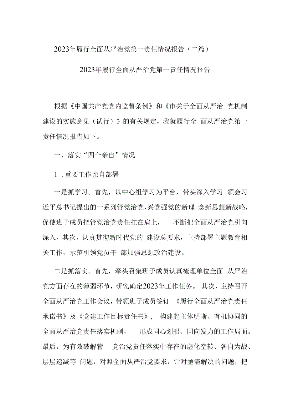 2023年履行全面从严治党第一责任情况报告(二篇).docx_第1页