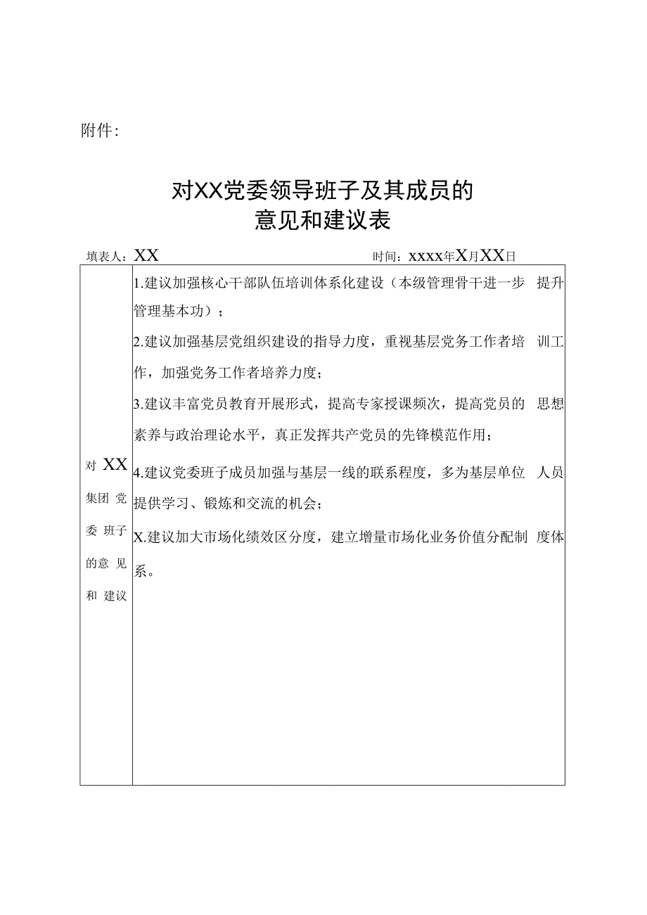 XX对XX集团党委领导班子及其成员的意见和建议表.docx_第1页