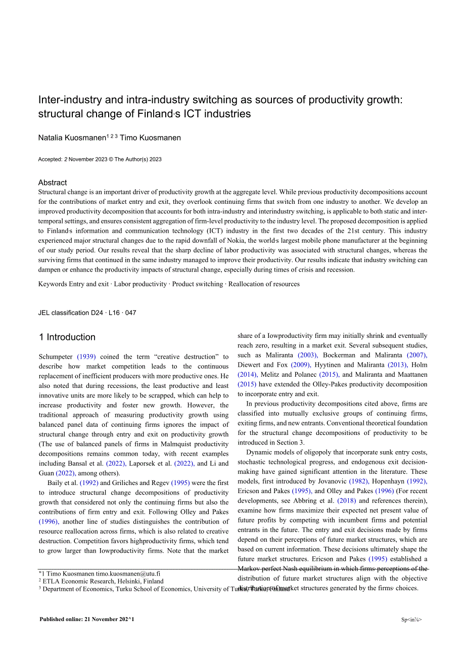 作为生产力增长来源的产业间和产业内转换：芬兰信息和通信技术产业的结构变化（英）-2023_市场营销策.docx_第1页