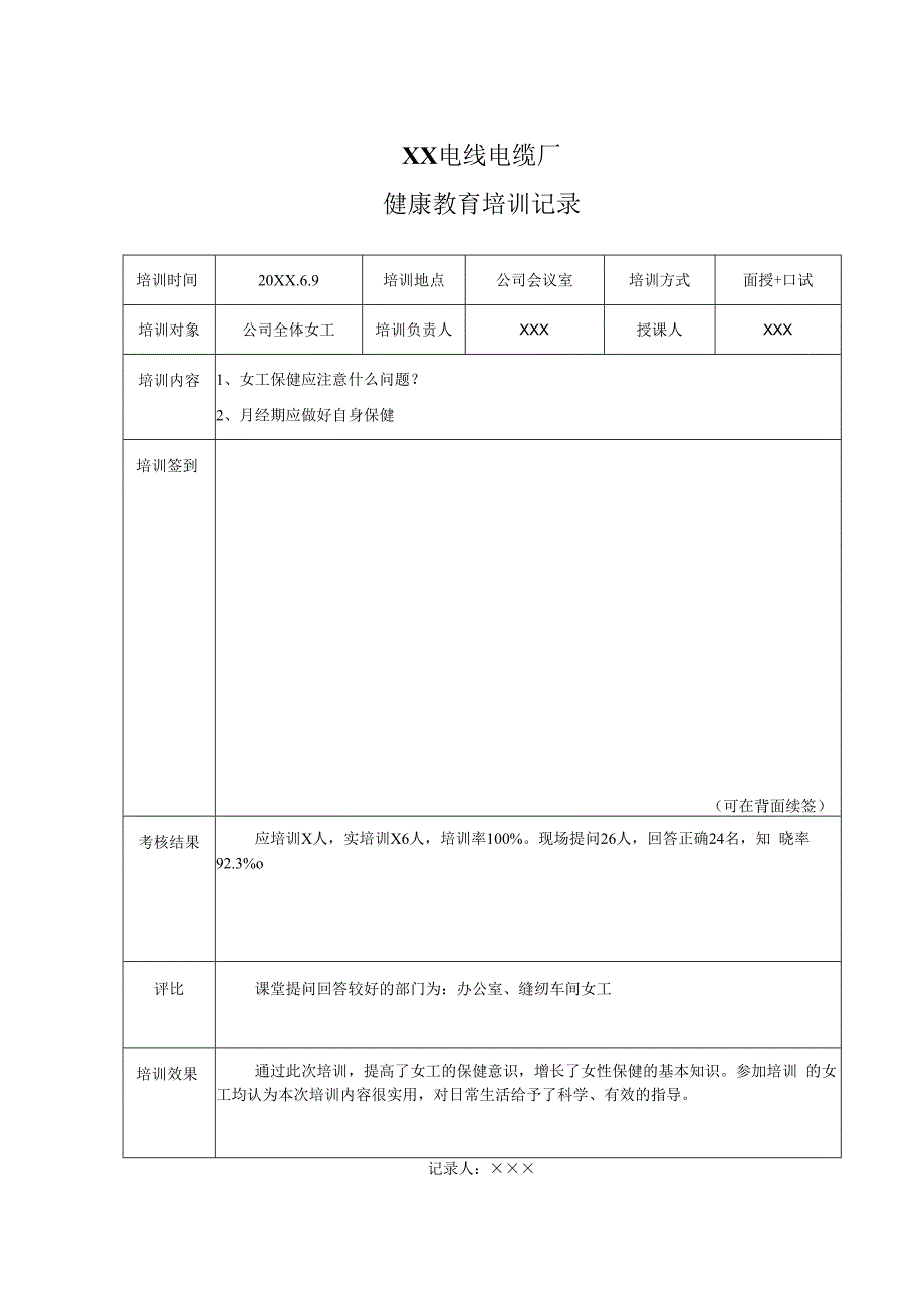 XX电线电缆厂健康教育培训记录（2024年）.docx_第1页