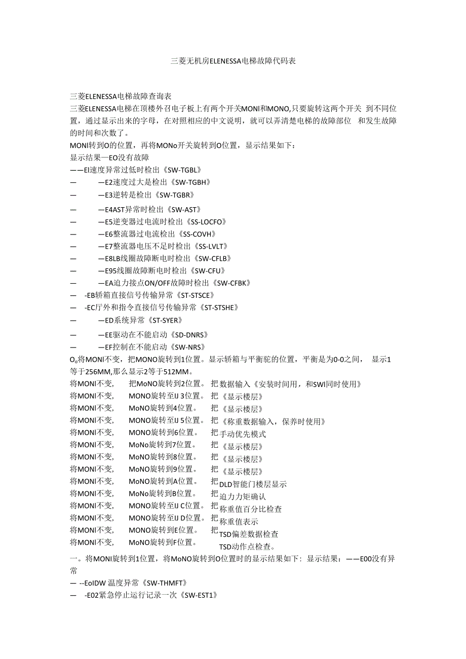 三菱无机房ELENESSA电梯故障代码表.docx_第1页