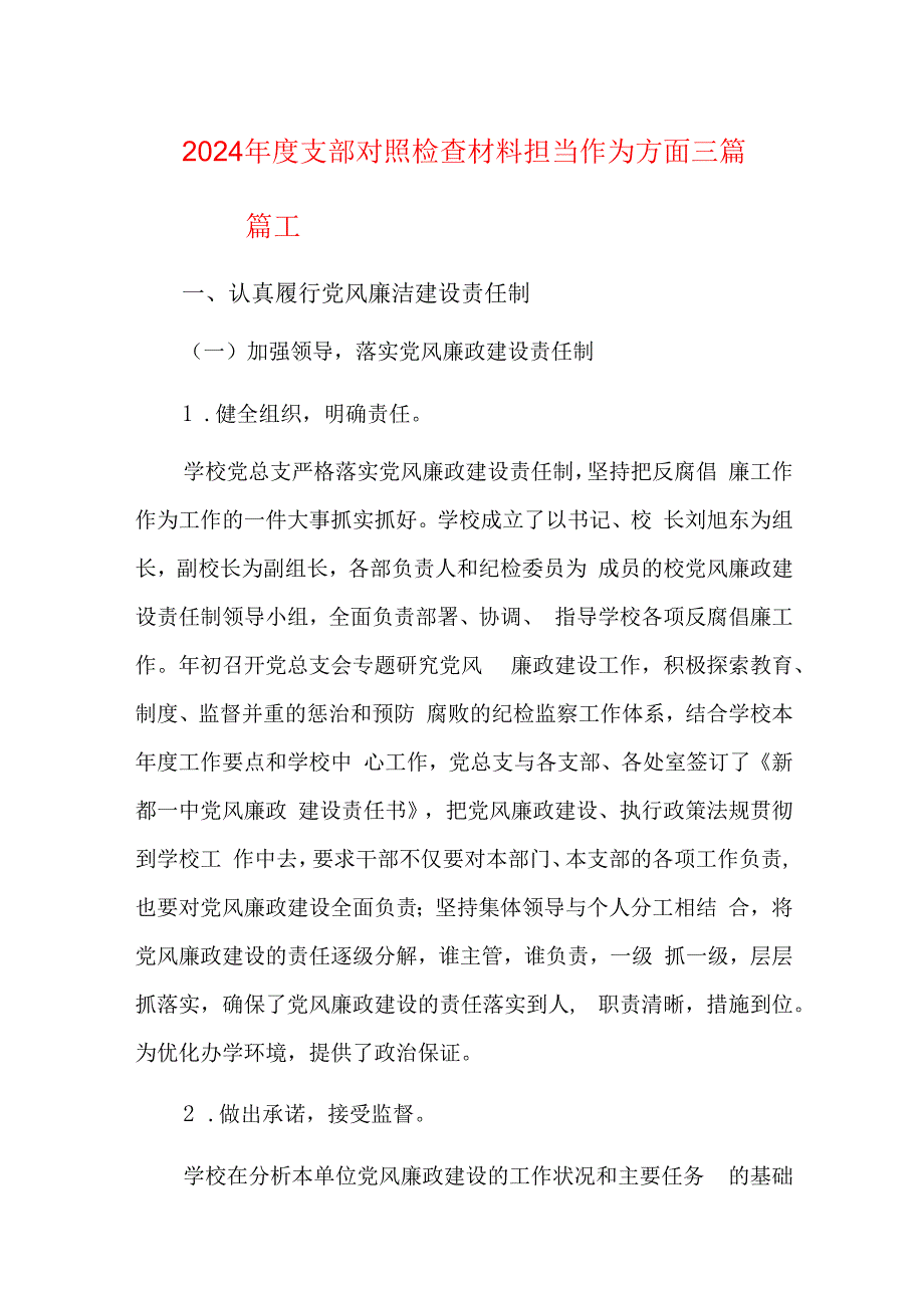 2024年度支部对照检查材料担当作为方面三篇.docx_第1页