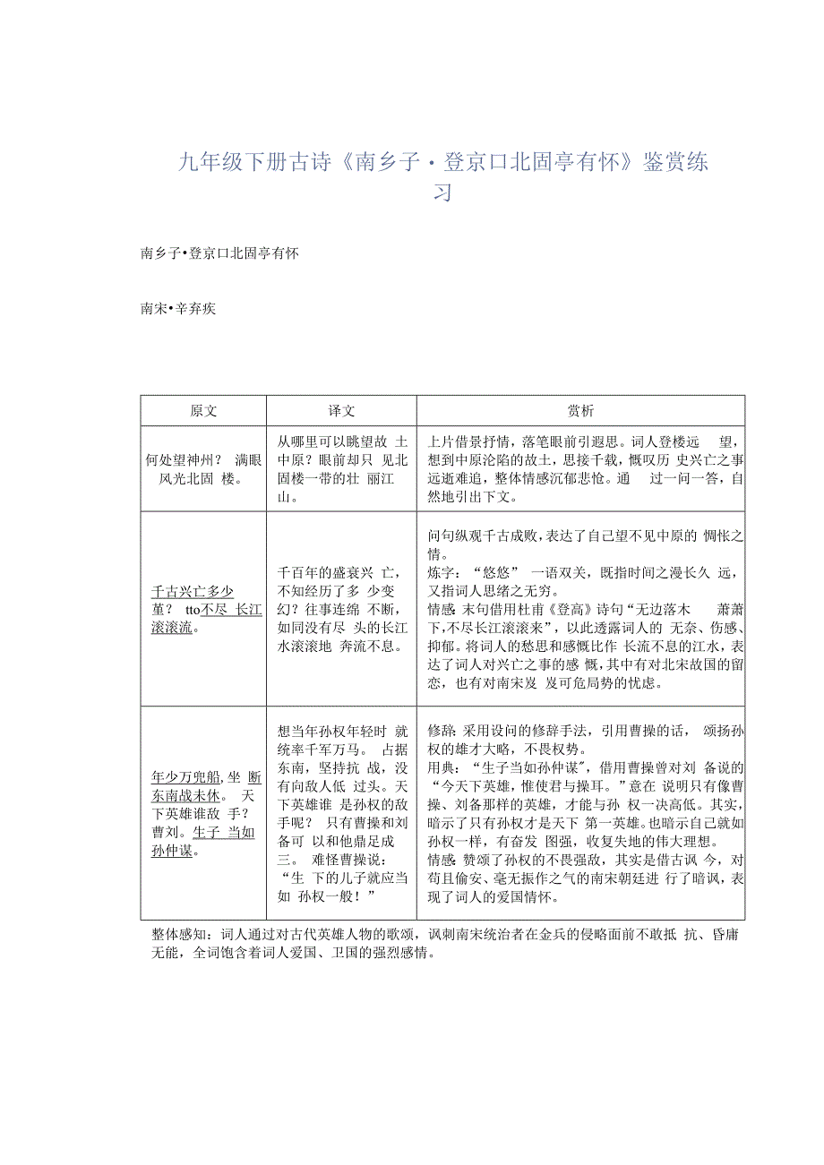 九年级下册古诗《南乡子·登京口北固亭有怀》鉴赏练习.docx_第1页