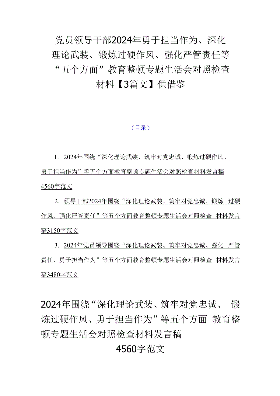 党员领导干部2024年勇于担当作为、深化理论武装、锻炼过硬作风、强化严管责任等“五个方面”教育整顿专题生活会对照检查材料【3篇文】供借鉴.docx_第1页