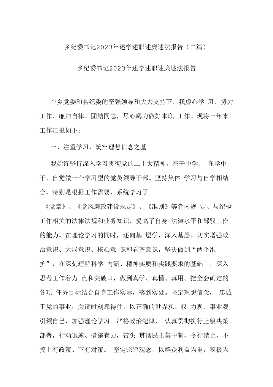 乡纪委书记2023年述学述职述廉述法报告(二篇).docx_第1页