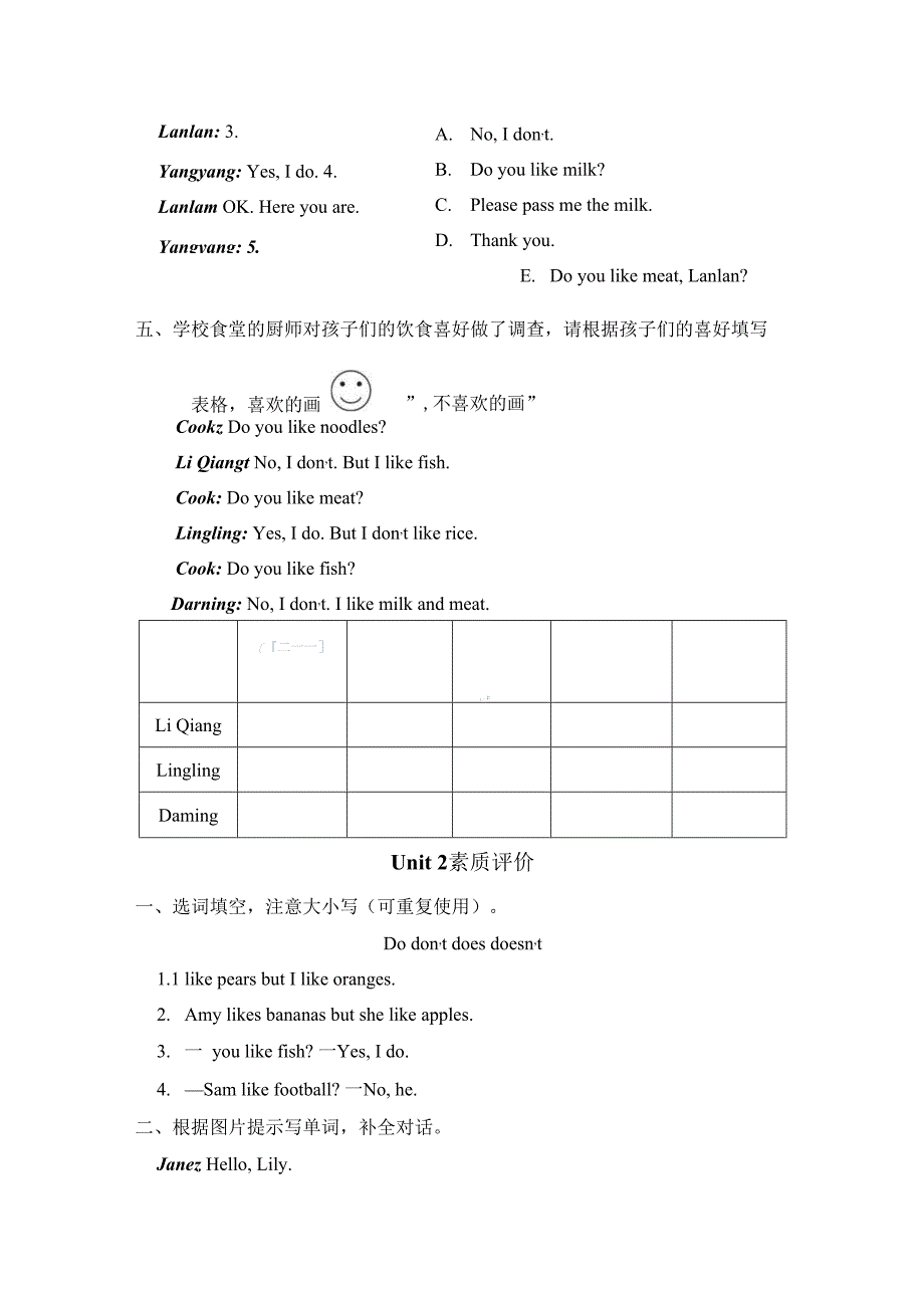 Unit 1 Do you like meat素质评价卷（含答案）.docx_第2页