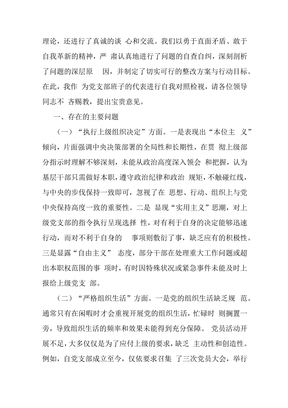 党员领导“执行上级组织决定、执行上级组织决定、严格组织生活、加强党员教育管理监督、联系服务群众、抓好自身建设”等多个方面存在的原.docx_第2页