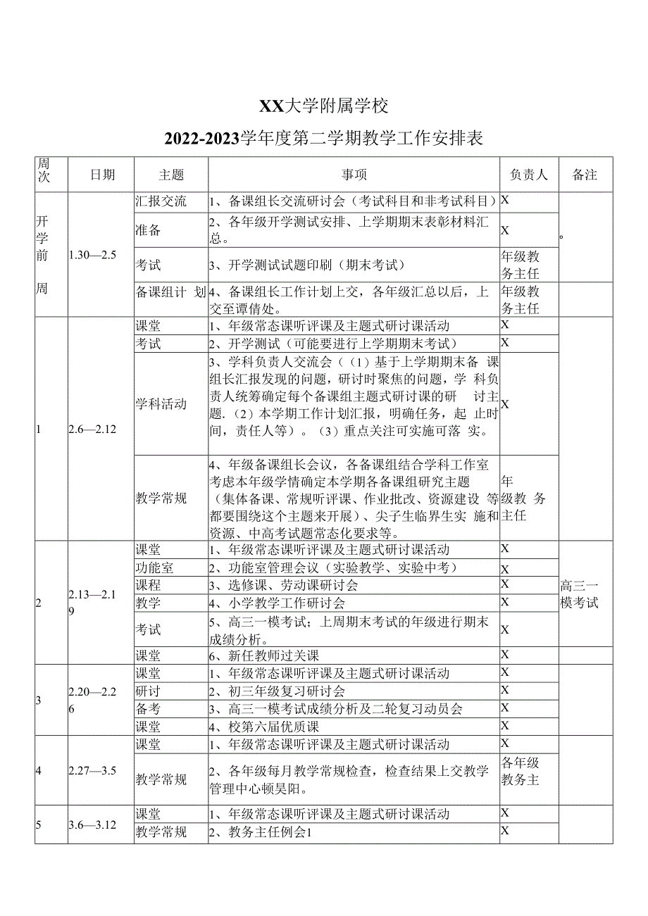 XX大学附属学校2022-2023学年度第二学期教学工作安排表（2024年）.docx_第1页