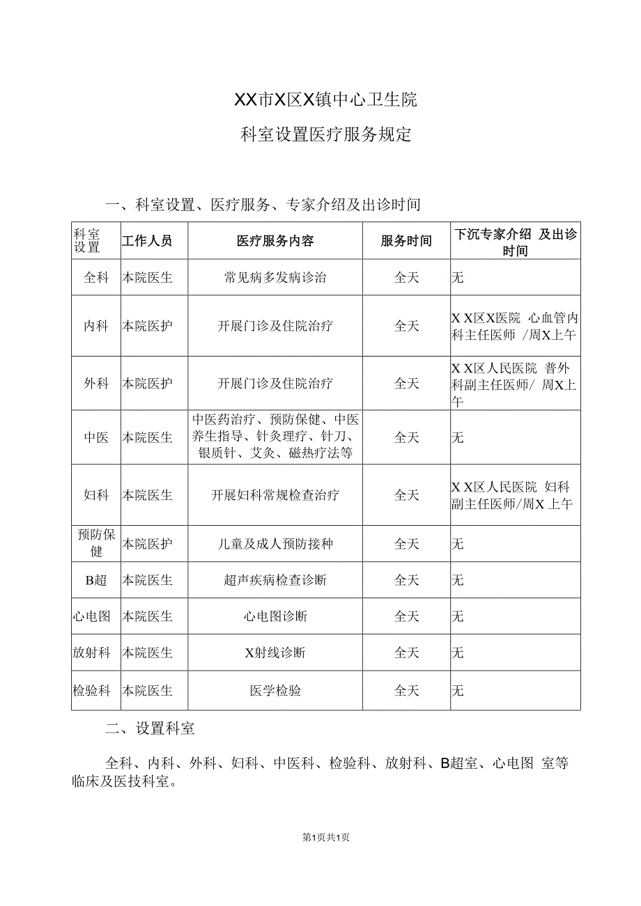 XX市X区X镇中心卫生院科室设置医疗服务规定（2024年）.docx_第1页