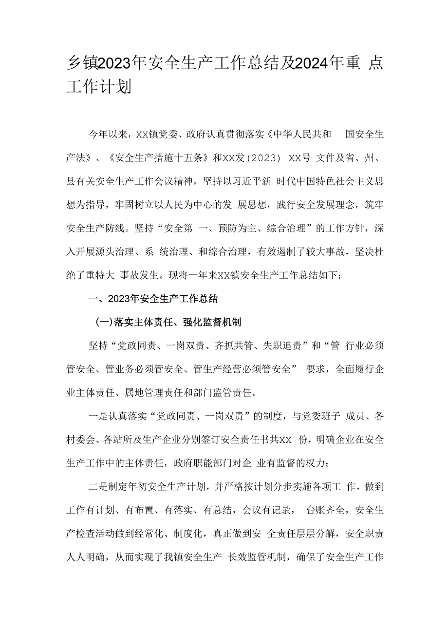 乡镇2023年安全生产工作总结及2024年重点工作计划.docx_第1页