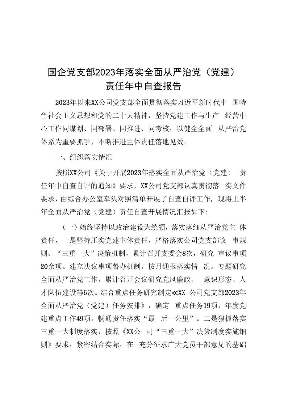 国企党支部2023年落实全面从严治党（党建）责任年中自查报告.docx_第1页