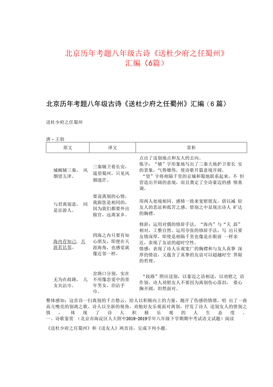 北京历年考题八年级古诗《送杜少府之任蜀州》汇编（6篇）.docx_第1页