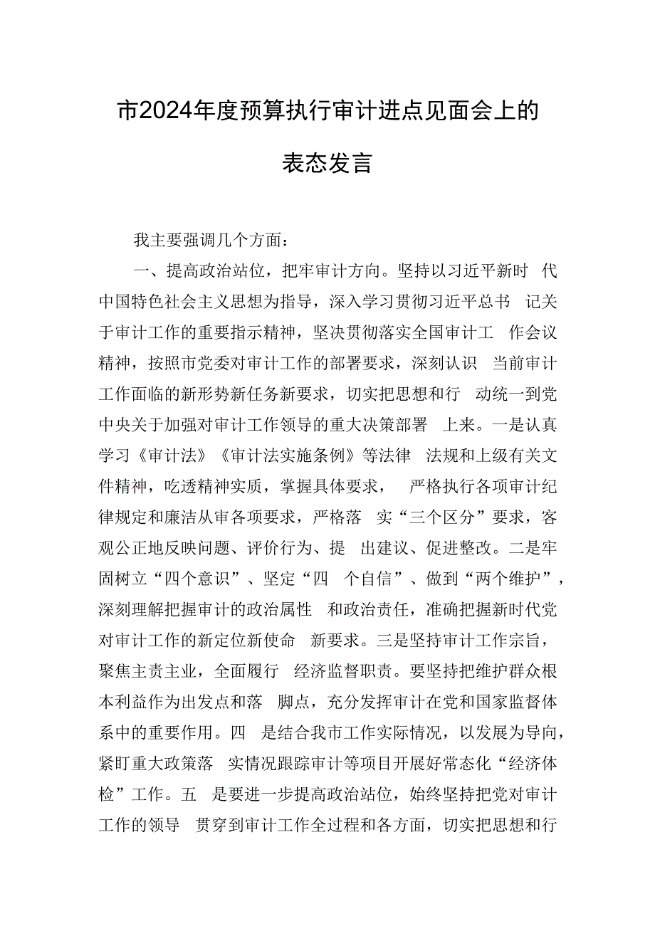 市2024年度预算执行审计进点见面会上的表态发言.docx_第1页