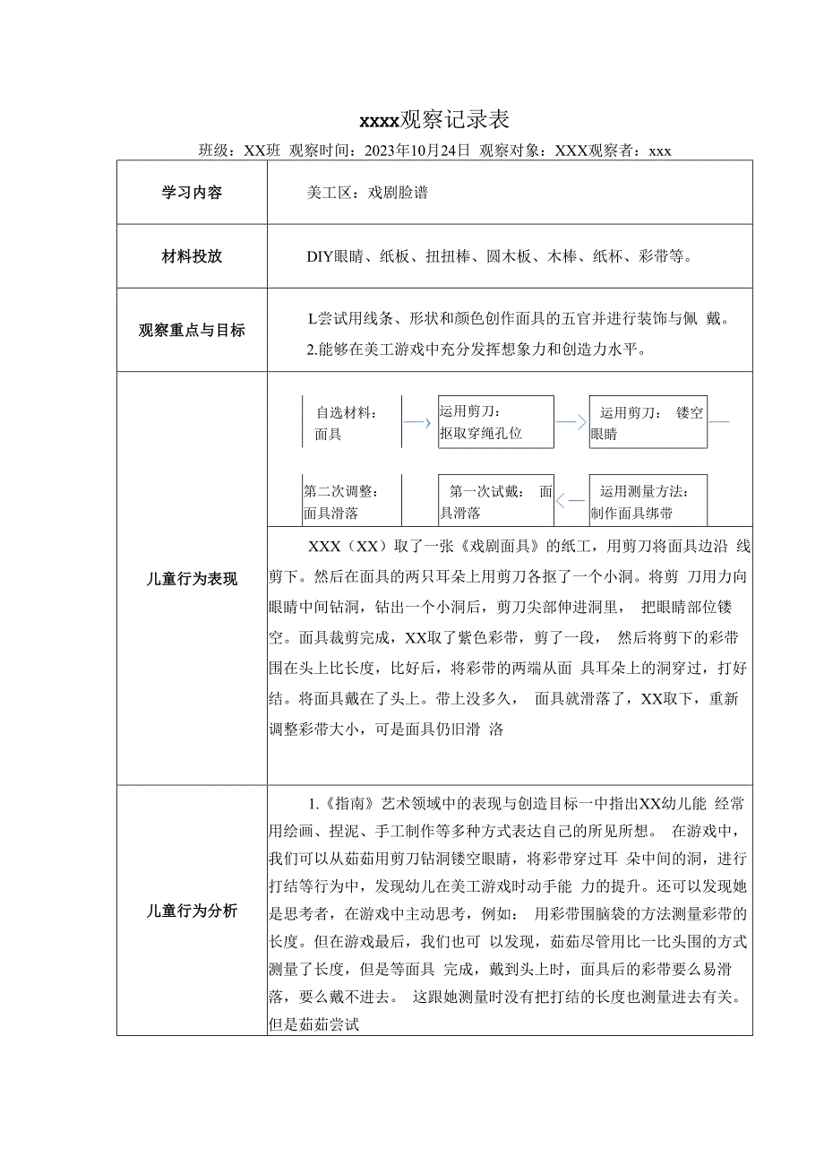 区域游戏观察记录表10.24（脸谱）公开课教案教学设计课件资料.docx_第1页