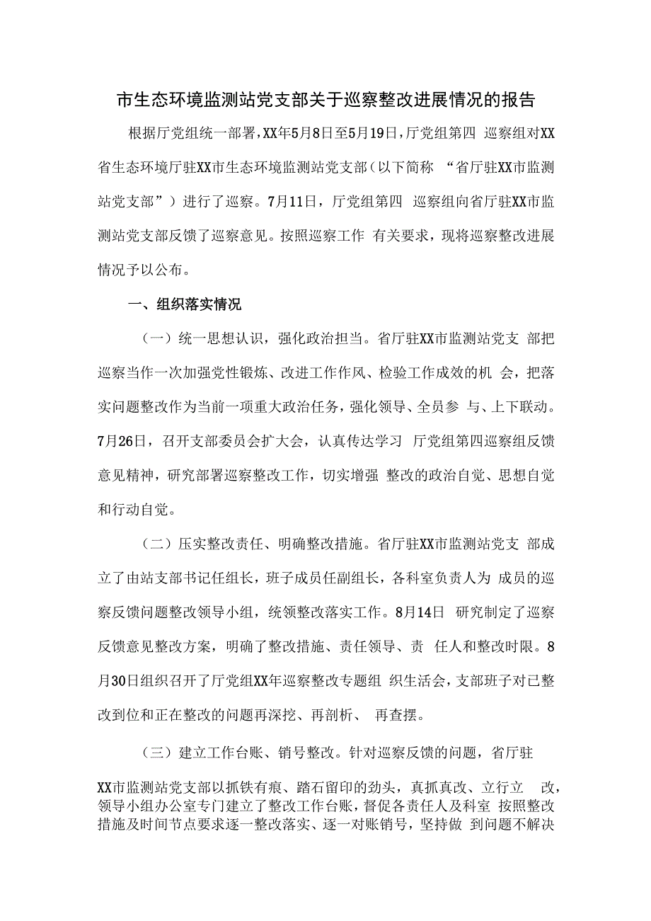 市生态环境监测站党支部关于巡察整改进展情况的报告.docx_第1页